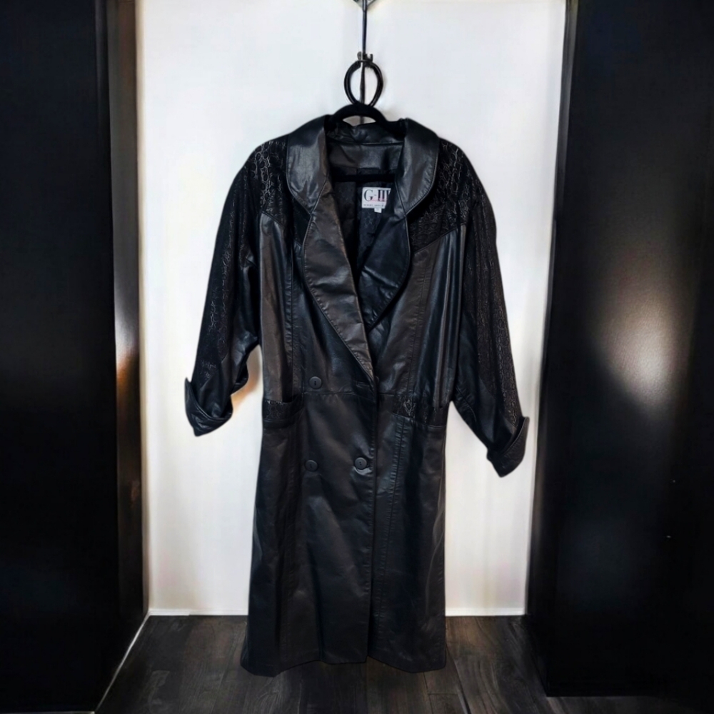 Women's S black Leather Biker Trech Coat Leather G-III Streetwear Classic Black